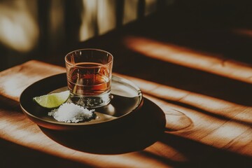 Whiskey with lime and salt on a wooden table with dramatic shadows