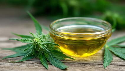 Golden Oil on Wooden Table With Leaf Background