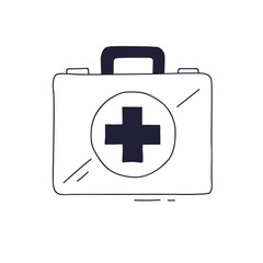 Obraz premium A simple line drawing of a first aid kit. The doodle-style medical box with a cross symbol represents emergency preparedness, health, and safety. Isolated on a white background.