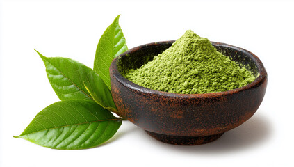 Green Tea Powder in Black Bowl with Leaves