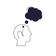 A minimalist line art illustration of a head with a dark thought bubble, symbolizing negative thinking, mental confusion, anxiety, depression, or a troubled mind. Simple vector icon.