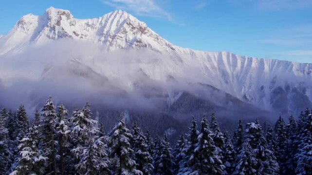 A drone view of Mount Garibaldi and Ridge Line as well as Atwell Peak. Shot in the winter you can see the snow covered tree tops.