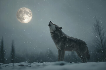 Majestic Wolf Under Moonlight in Winter Night