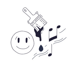 A minimalist doodle of a smiley face, a paintbrush dripping ink, and musical notes. Represents the joy of creative expression, where art and music flow together.