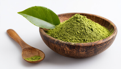 Matcha Powder in Bowl with Wooden Spoon on White