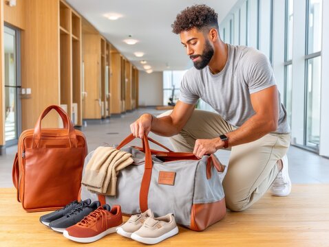Man organizing gym bag with casual shoes and modern accessories in locker room