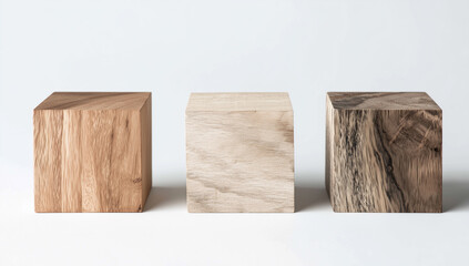 Set of Three Wooden Cubes on White Background
