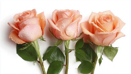 Three Peach Roses With Dew on Green Leaves