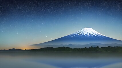 Fototapeta premium An iconic autumn view of Mount Fuji, Japan's highest peak, with its snow-capped volcanic landscape reflected in a serene lake under a clear morning sky