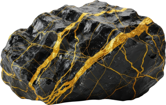 Jagged black rock with intricate golden veins and cracks across its surface