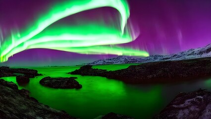A stunning summer sunset casts a vibrant reflection over the tranquil water, with mountains and clouds silhouetted against the glowing sky