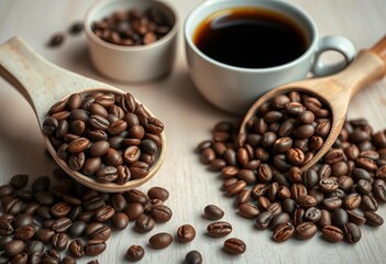 Fototapeta premium Coffee beans in scoop, beside cups & bowl on light wood, rustic, kitchen