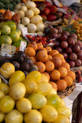 Close-up of tropical fruits at market stall in Portugal
