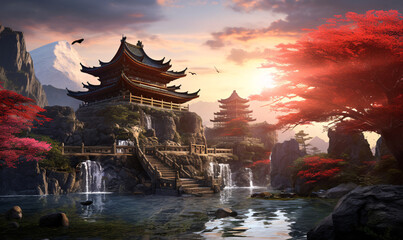Romantic Asian ancient temple in the Zen garden.