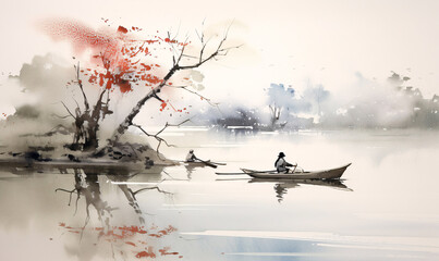 The motif of the painting includes a traditional Japanese fisherman sailing a boat on a lake. Japan traditional sumi-e. Ink painting style.