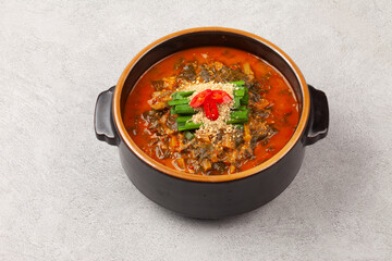  Eel soup is a spicy stew made with chopped eel, dried radish greens, dried pollack, bracken, green onions, and red peppers.
 