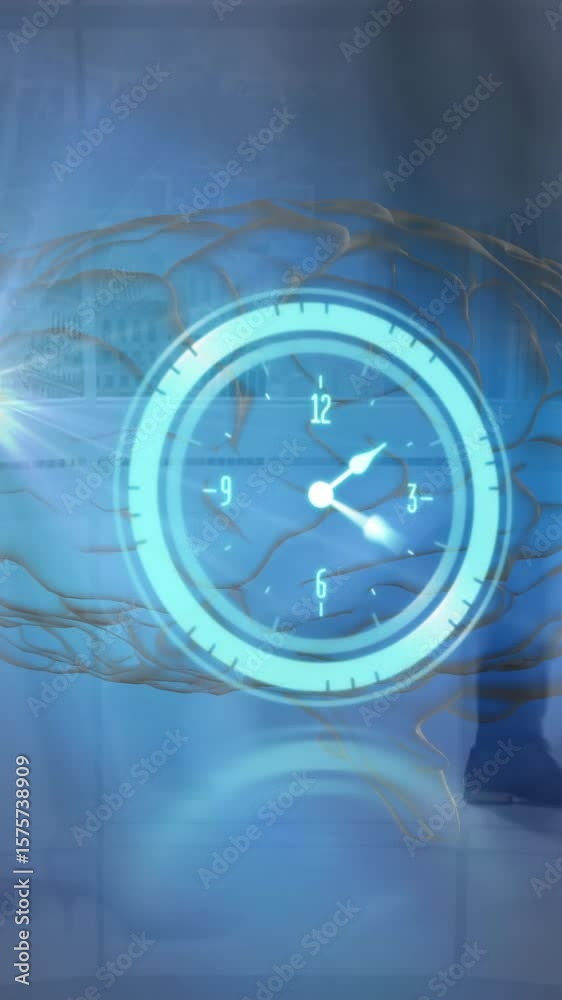 Poster animation of clock moving fast over man using computer