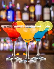 A vibrant trio of margaritas in salted-rim glasses garnished with strawberry, orange, and lime, set against a festive and colorful bar backdrop.