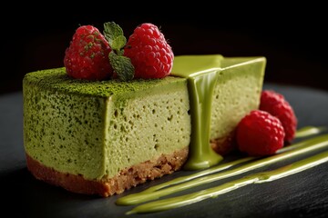 Close up of a matcha cheesecake slice with raspberries and mint on a dark surface with green drizzle