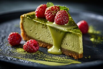A slice of matcha cheesecake with raspberries and green sauce on a dark plate close up food photography