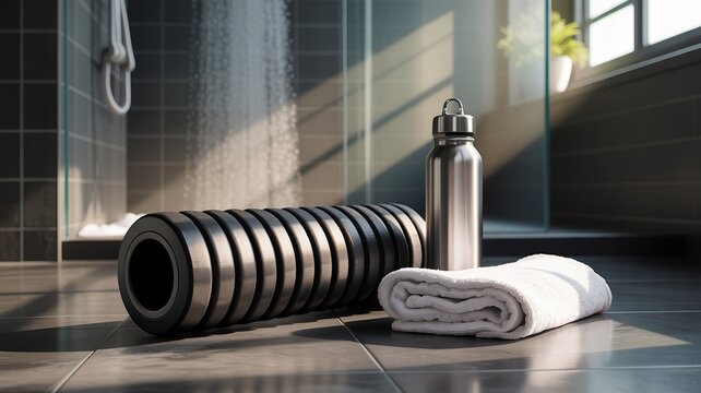Fitness essentials including a foam roller water bottle and towel in a modern bathroom with shower