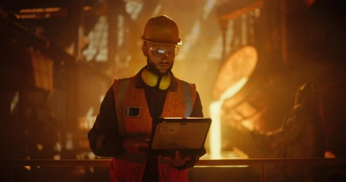Industrial Engineer Turns His Back to Camera and Tracks Casting Process on Professional Computer Device while Foundry Workers in Fireproof Suits Manage High-Heat Operations Nearby