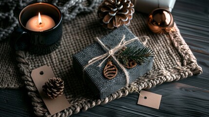 Cozy holiday arrangement featuring a gift box, candle, pine cones, ornament, tag, and warm knit blanket on wooden surface.