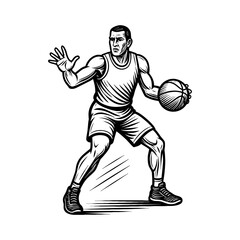 Fototapeta premium Vigorous Basketball Player Dribbling Ball in Offensive Stance Black and White Outline Line Art Drawing Illustration
