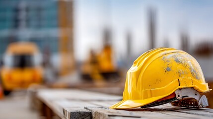 Bright yellow construction helmet placed left, blurred construction site in background, space for text on right 
