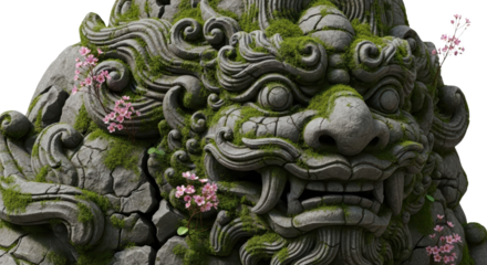 Ancient stone dragon statue overgrown with moss and blooming cherry blossoms