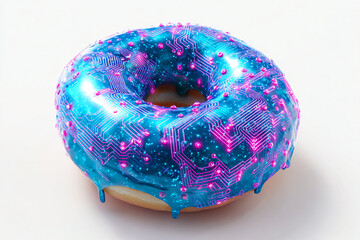 A photorealistic donut with cyberpunk-inspired blue glaze and neon pink circuit patterns