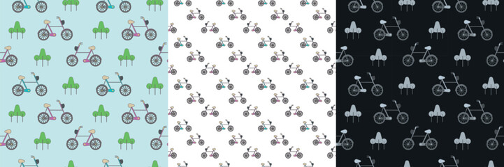 Set of three seamless bicycle and tree patterns. Eco-friendly transport, urban mobility and green living concept in modern vector design