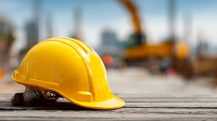 Bright yellow construction helmet placed left, blurred construction site in background, space for text on right 
