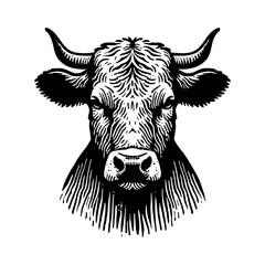 Close Up Bull Head Detailed Front View Black and White Outline Line Art Drawing Vintage Engraving