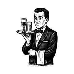 Smiling Professional Waiter Serving Drinks on Tray Elegant Attire Black and White Outline Line Art Drawing Vintage Etching