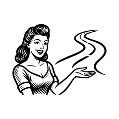 Smiling Pin Up Woman Gesturing to Winding Road Vintage Black and White Outline Line Art Drawing