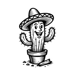 Cheerful Cartoon Cactus Character Wearing Sombrero Hat in a Pot Black and White Outline Line Art Drawing