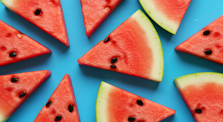 Fresh Watermelon Fruits and Juicy Slices in Top View – Summer Tropical Refreshment Concept

