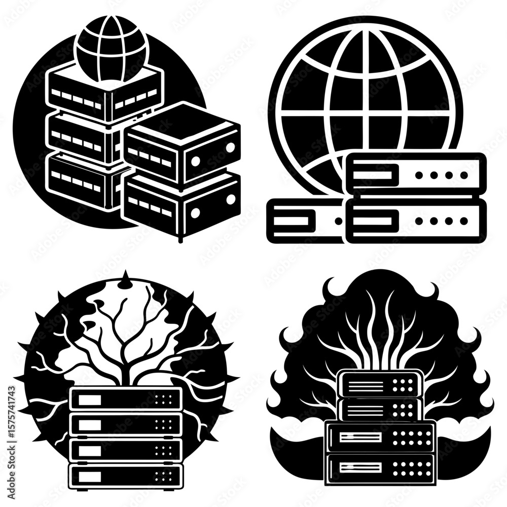 Poster four server icons with globes and trees in black and white representing data storage and networking 