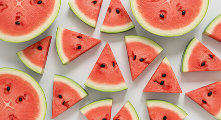Fresh Watermelon Fruits and Juicy Slices in Top View – Summer Tropical Refreshment Concept

