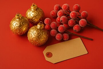 Festive gold ornaments and frosted red berries rest elegantly on a vibrant red surface alongside a blank craft tag, inviting a personalized holiday message.