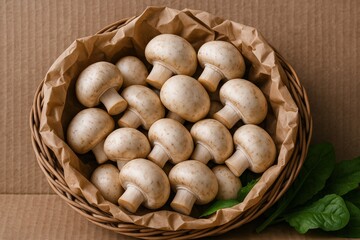 Fresh Mushrooms Nestled Comfortably Inside Woven Basket, offering a minimalist aesthetic perfect for organic food promotions, wellness concepts, and showcasing natural ingredients.