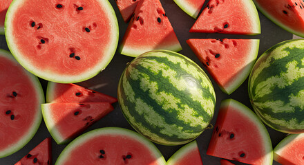 Fresh Watermelon Fruits and Juicy Slices in Top View – Summer Tropical Refreshment Concept

