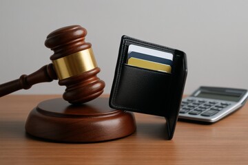 Justice System Considers Financial Matters Court gavel sits beside a wallet and calculator, symbolizing legal finance and economic implications of court decisions.