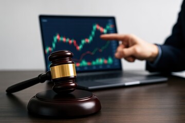 Mahogany gavel rests near trending stock market graphs displayed on a laptop, symbolizing legal oversight of financial trading.