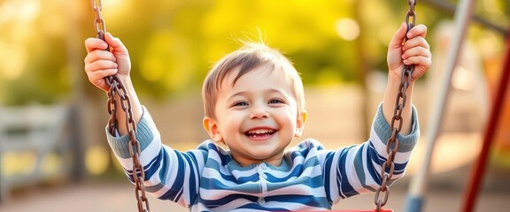 Gentle hands hold swing set, child's joyful smile in soft focus, support,   loving parent