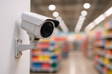 White Surveillance Camera Monitors Supermarket Aisle, ensuring retail security and loss prevention using modern technology in this simple yet effective composition.