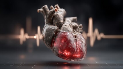 Detailed 3D rendered human heart with textured metallic exterior, visible blood vessels, chambers, and glowing red core with sparkling light points.