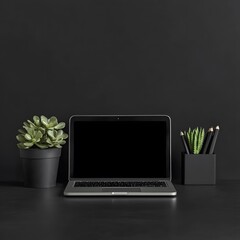 Modern Dark Minimalist Workspace Laptop Setup with Plants