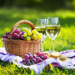 Summer Picnic Basket with Grapes and White Wine